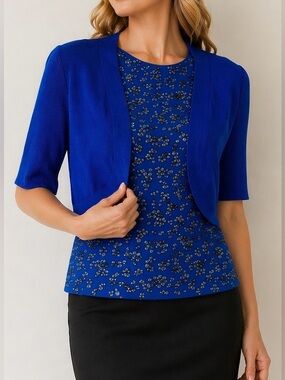St John 2 Piece Set- Santana Knit Beaded Shell & Bolero Blue Size S Classic
